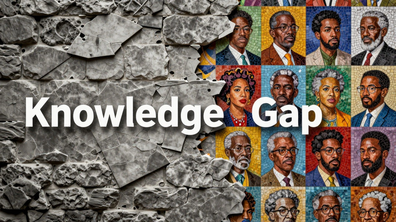 A grey stone wall being repaired with colorful mosaics of Black historical figures.