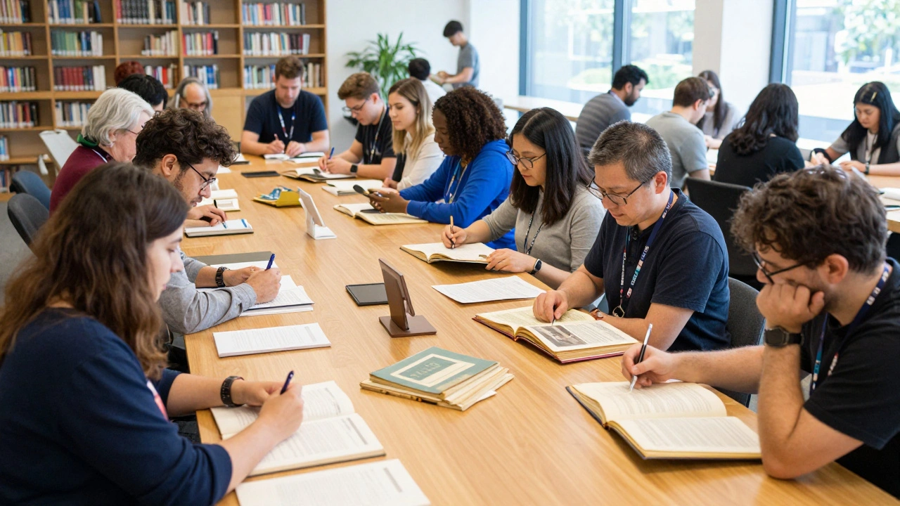 A group of diverse volunteers collaborating at an edit-a-thon with research documents.