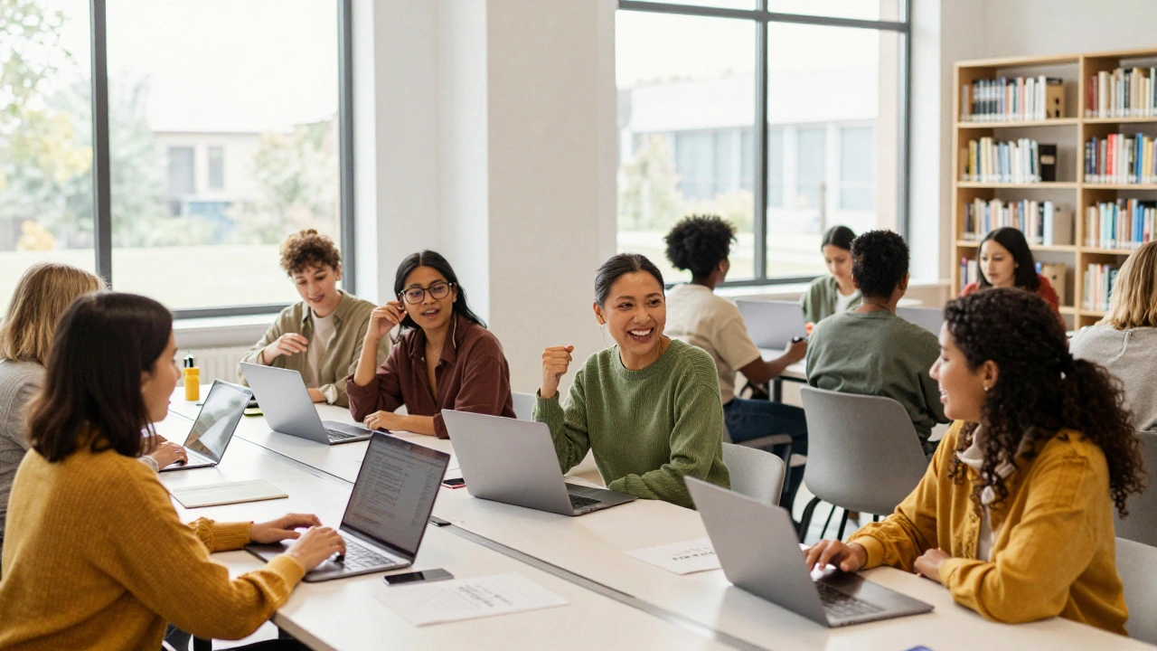 A group of diverse women collaborating at a laptop edit-a-thon event in a bright library.