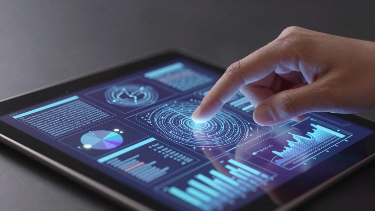 A hand interacting with a futuristic glass tablet showing data visualizations and analytical patterns.
