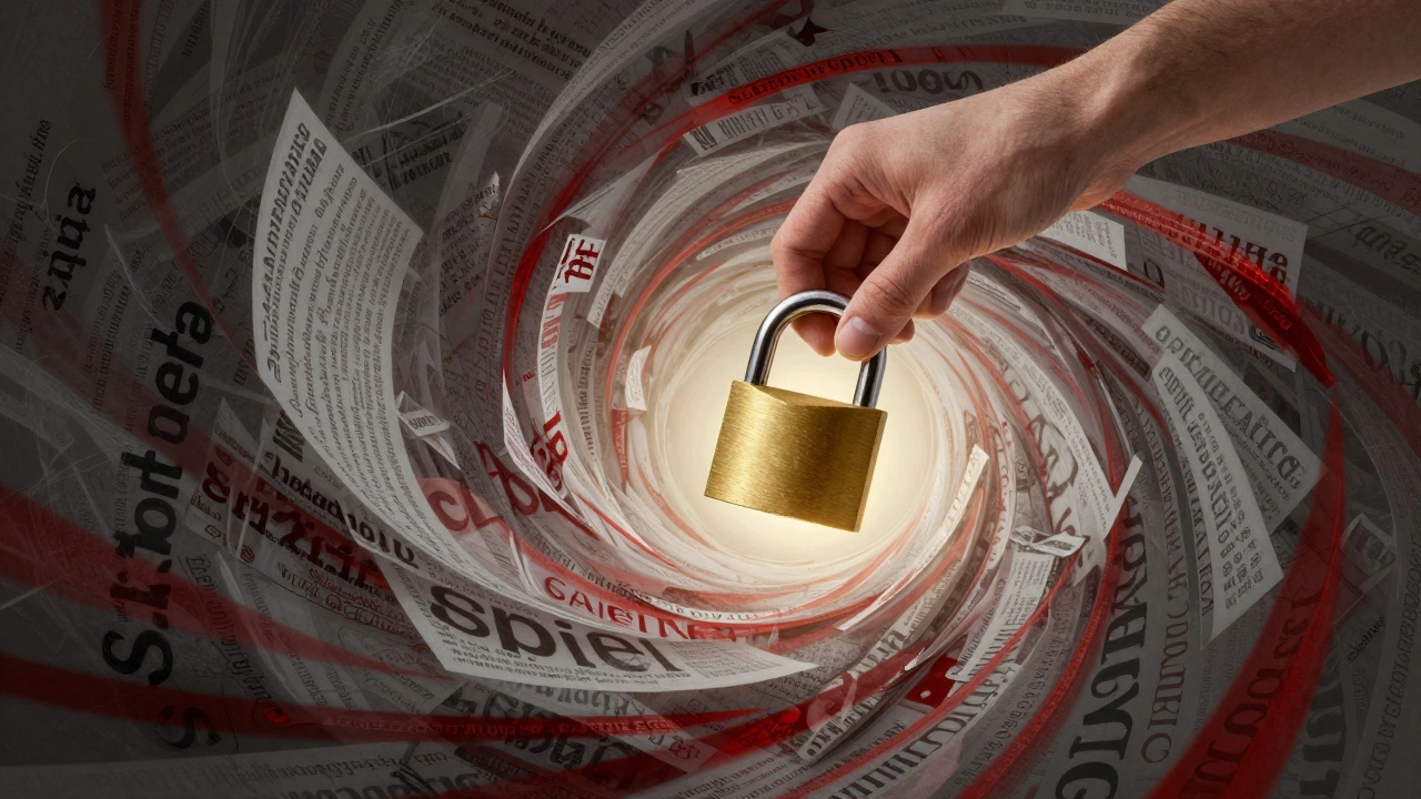 A hand placing a golden lock on a swirling vortex of chaotic text to represent stability and order.