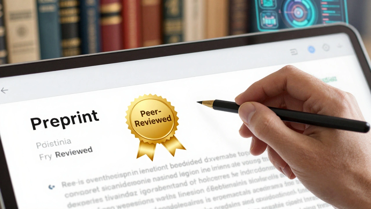 A hand updating a digital encyclopedia page by replacing a preprint tag with a gold seal