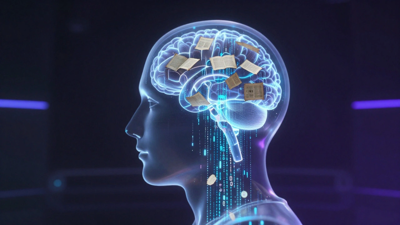 A holographic AI head with fragmented data streams showing systemic bias.