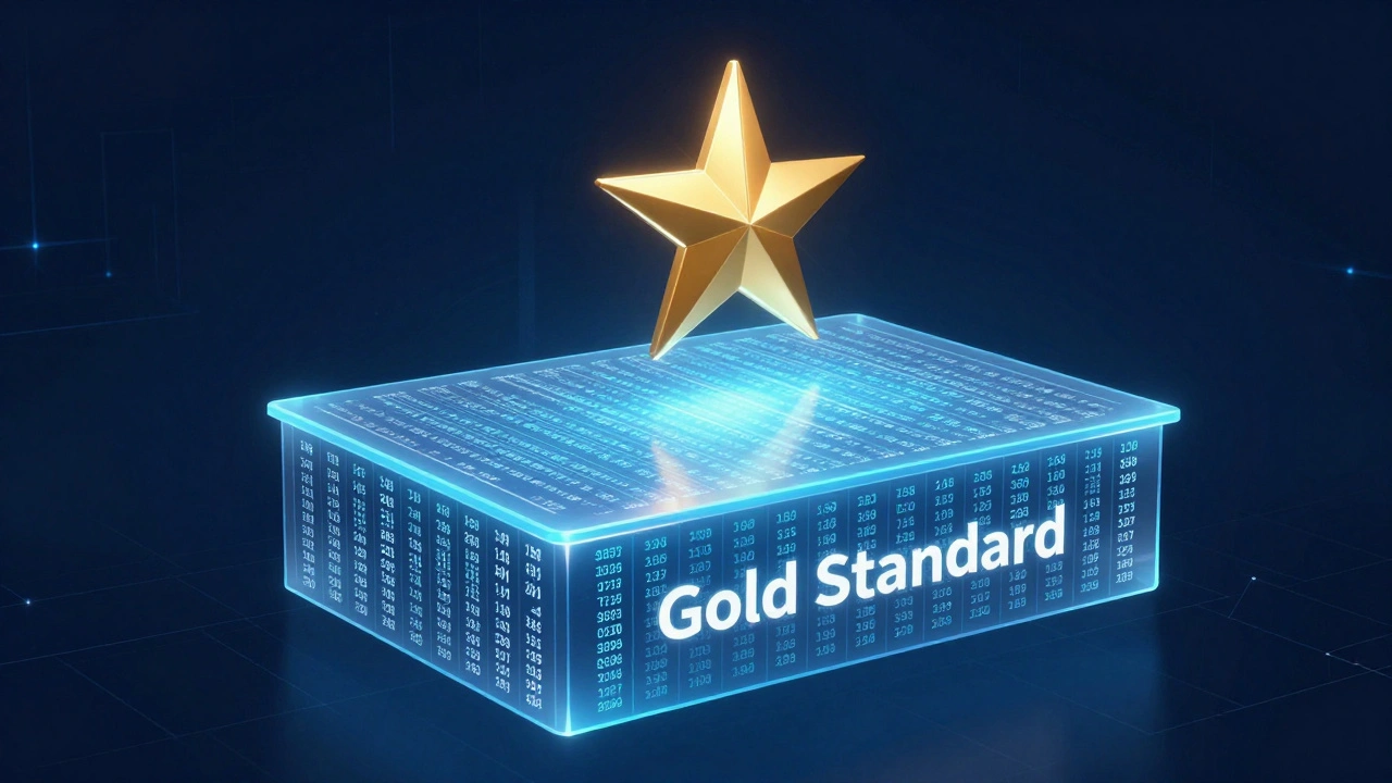 A holographic data table topped with a glowing gold star symbol.