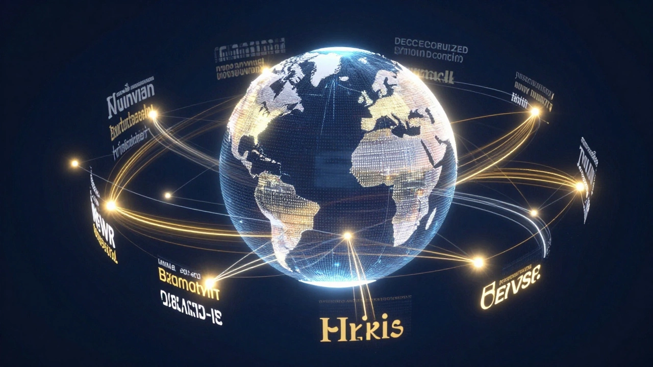 A holographic globe with light trails connecting various cities to symbolize decentralized news reporting.