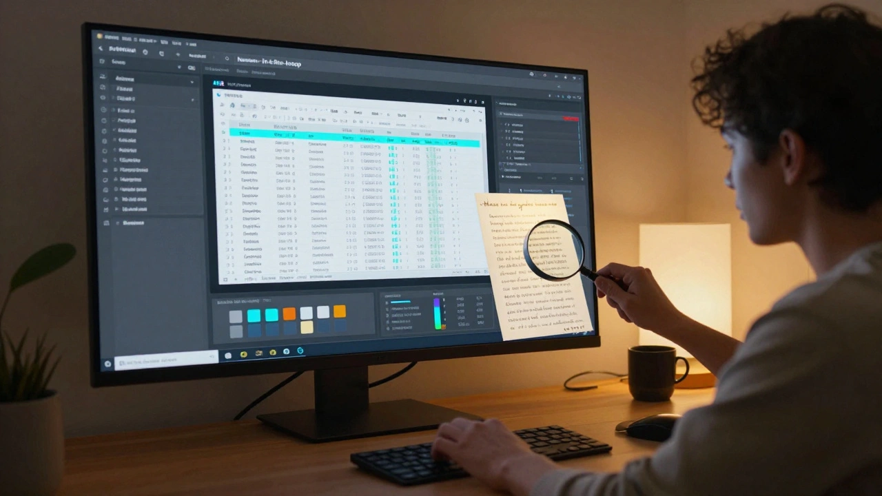 A human editor verifying AI-generated data on a large computer monitor in a home office.