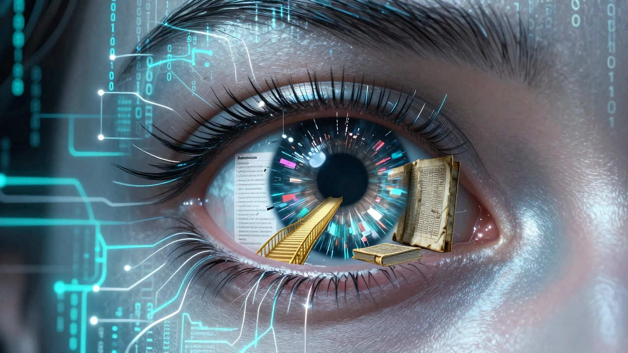 A human eye overlooking a digital bridge leading from AI code to scholarly references.