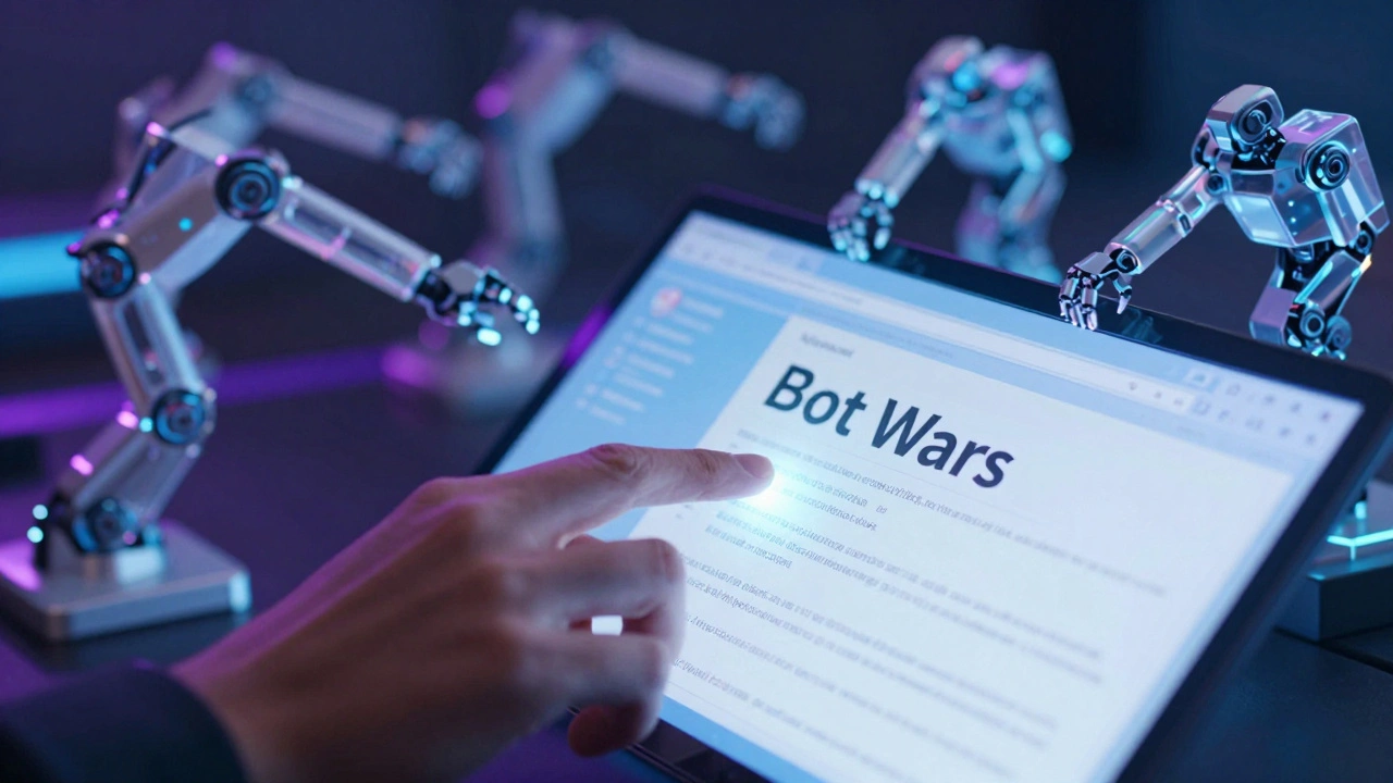 A human hand struggling against robotic arms editing a holographic page.