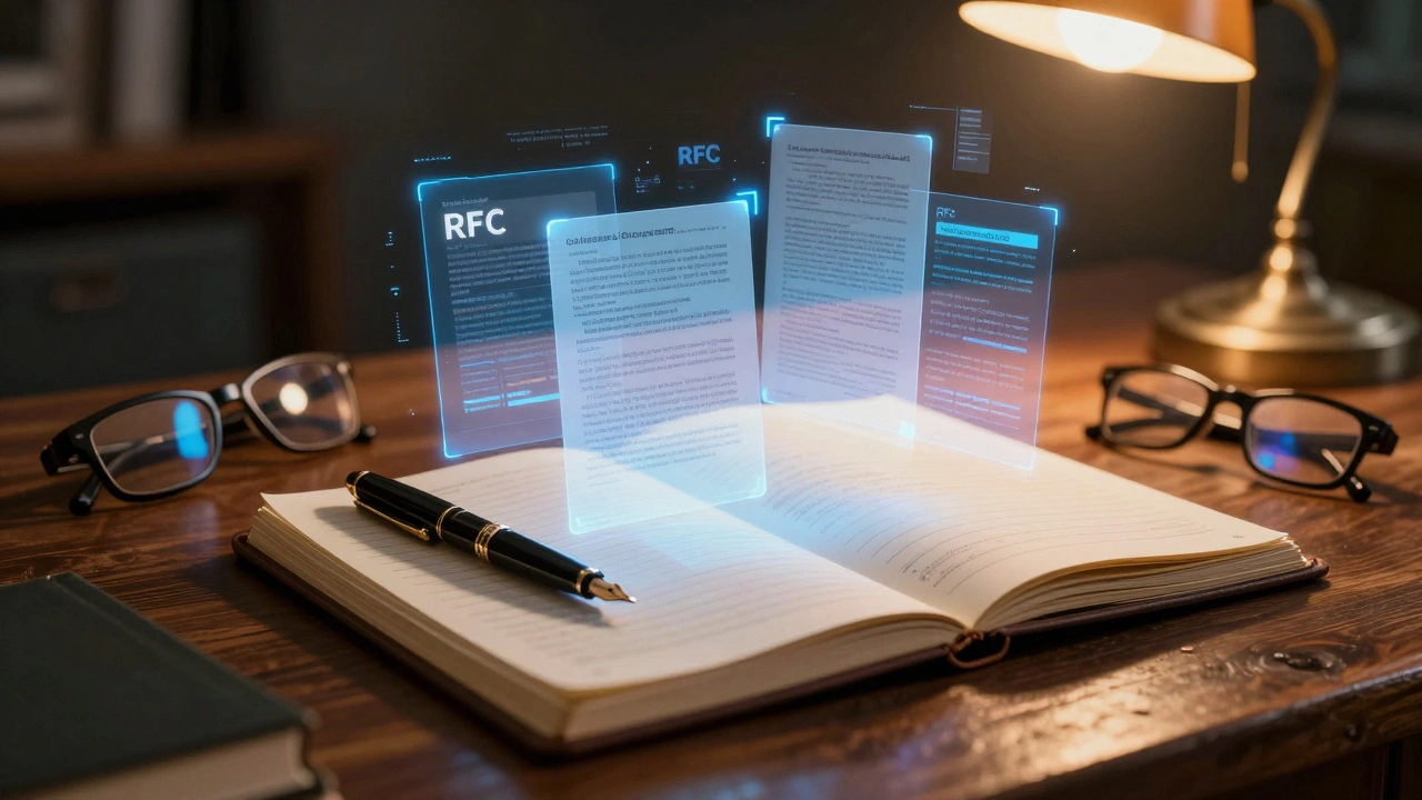 A journalist's desk with holographic policy documents floating above a physical notebook.