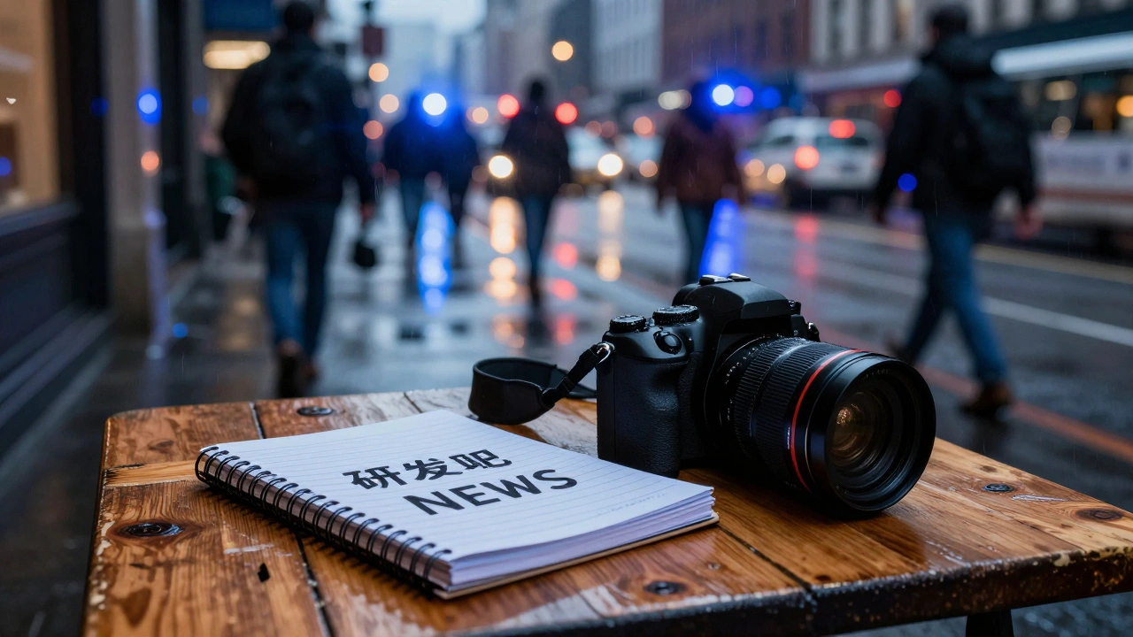 A journalist's notebook and camera on a table during a city breaking news event.