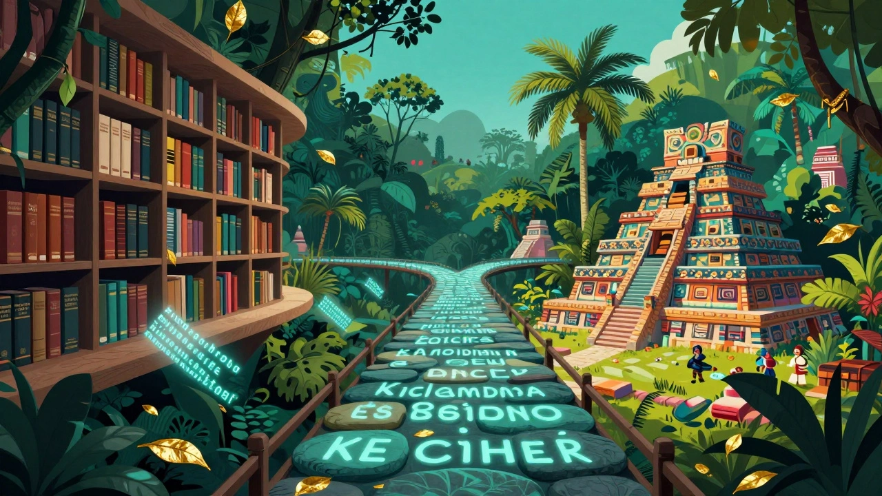A luminous digital bridge connecting a library to an ancient Maya landscape.