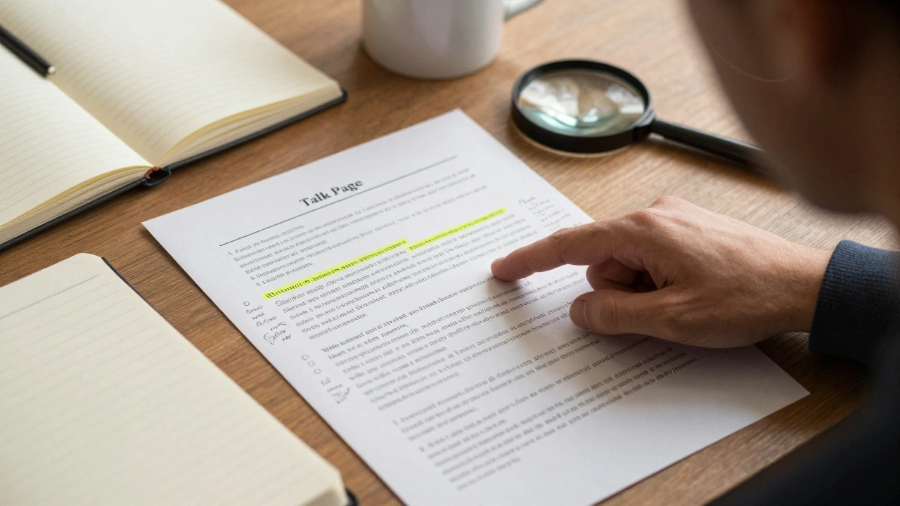 A person analyzing a printed website discussion page with handwritten notes and highlights on a desk.