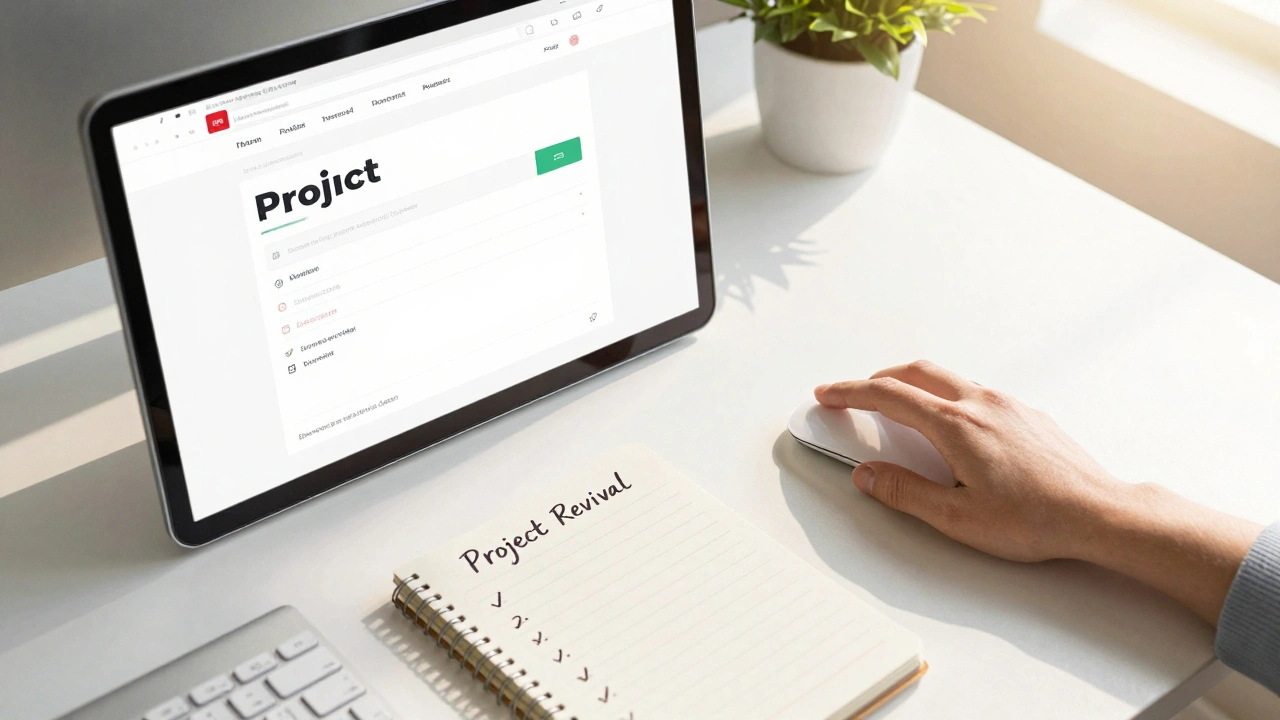 A person editing a website at a bright desk with a 'Project Revival' checklist nearby.