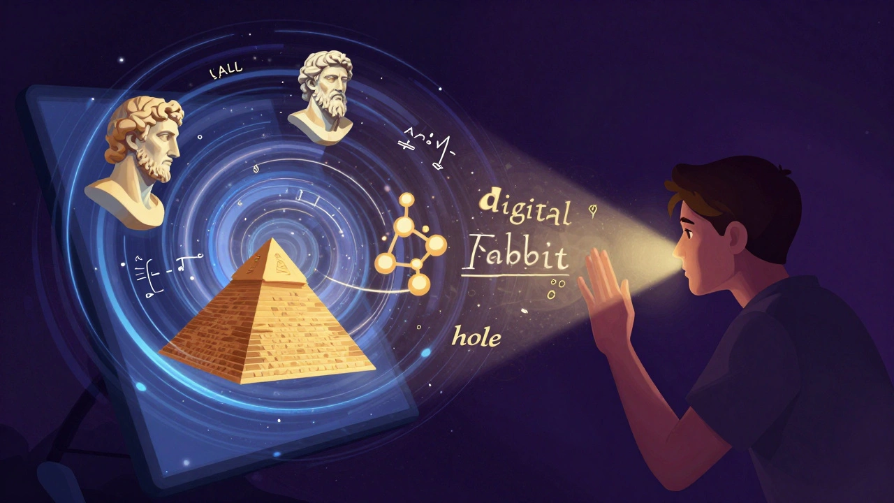 A person entering a swirling vortex of symbols including a philosopher's bust and Egyptian pyramids.