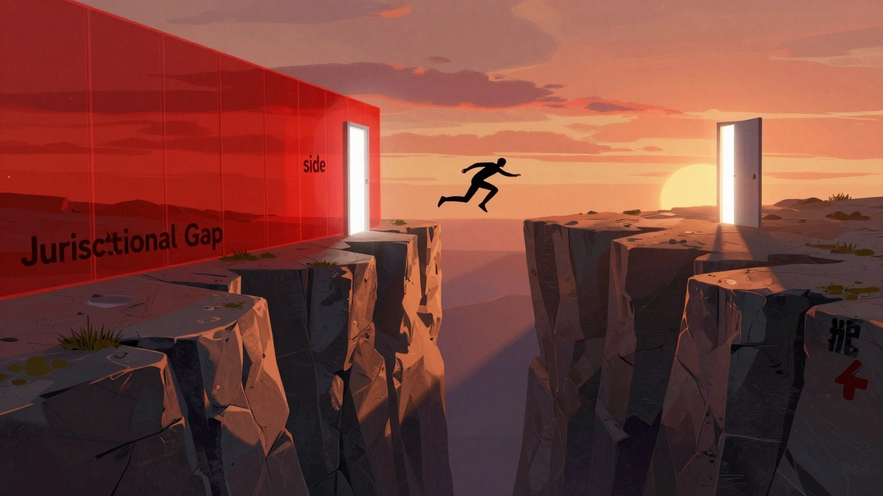A person leaping through a portal across a chasm to bypass a red energy wall.