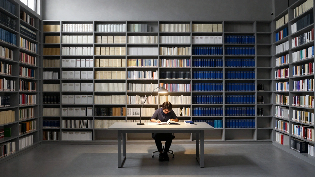 A person researching among a balanced archive of documents in a modern library.