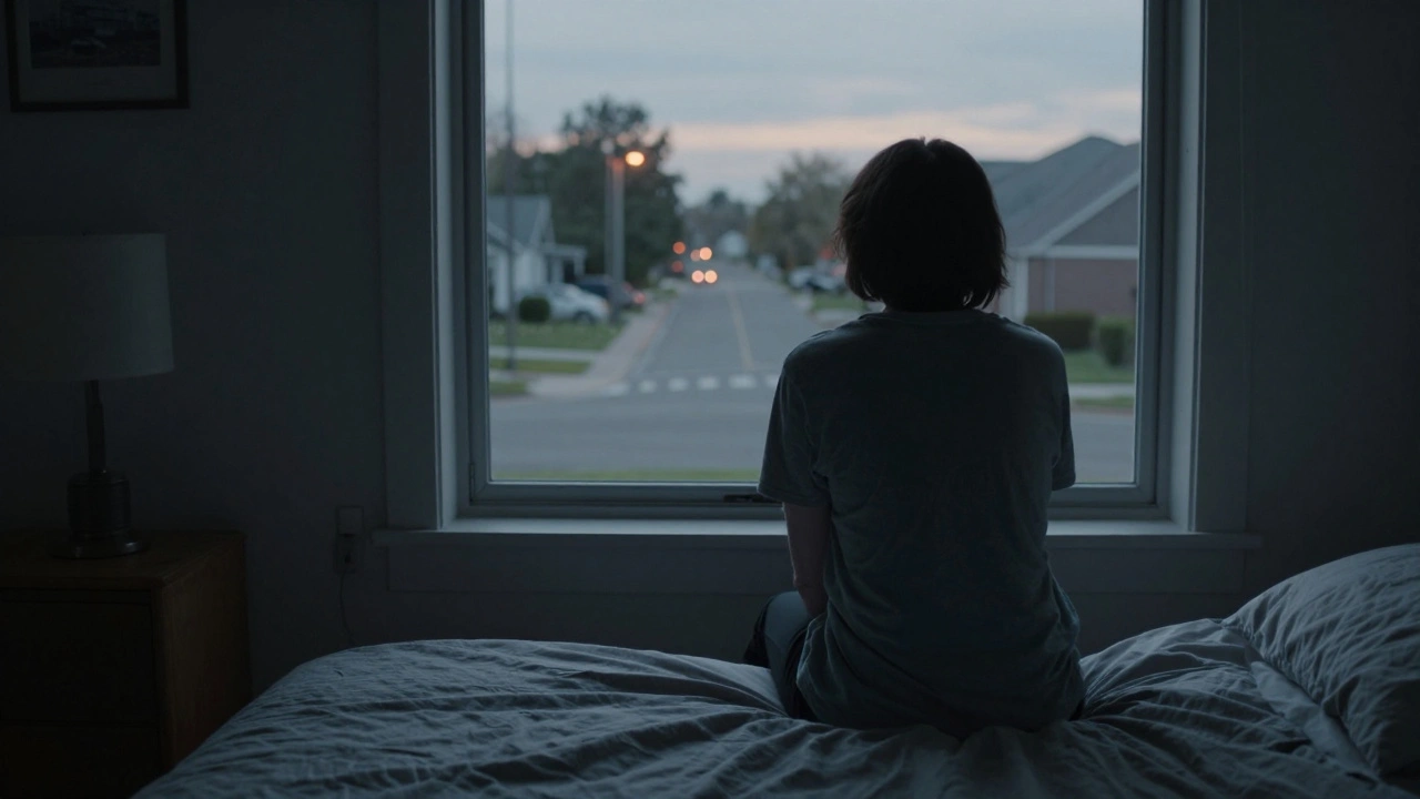 A person sitting alone in a dim room looking out the window, conveying a sense of anxiety and isolation.