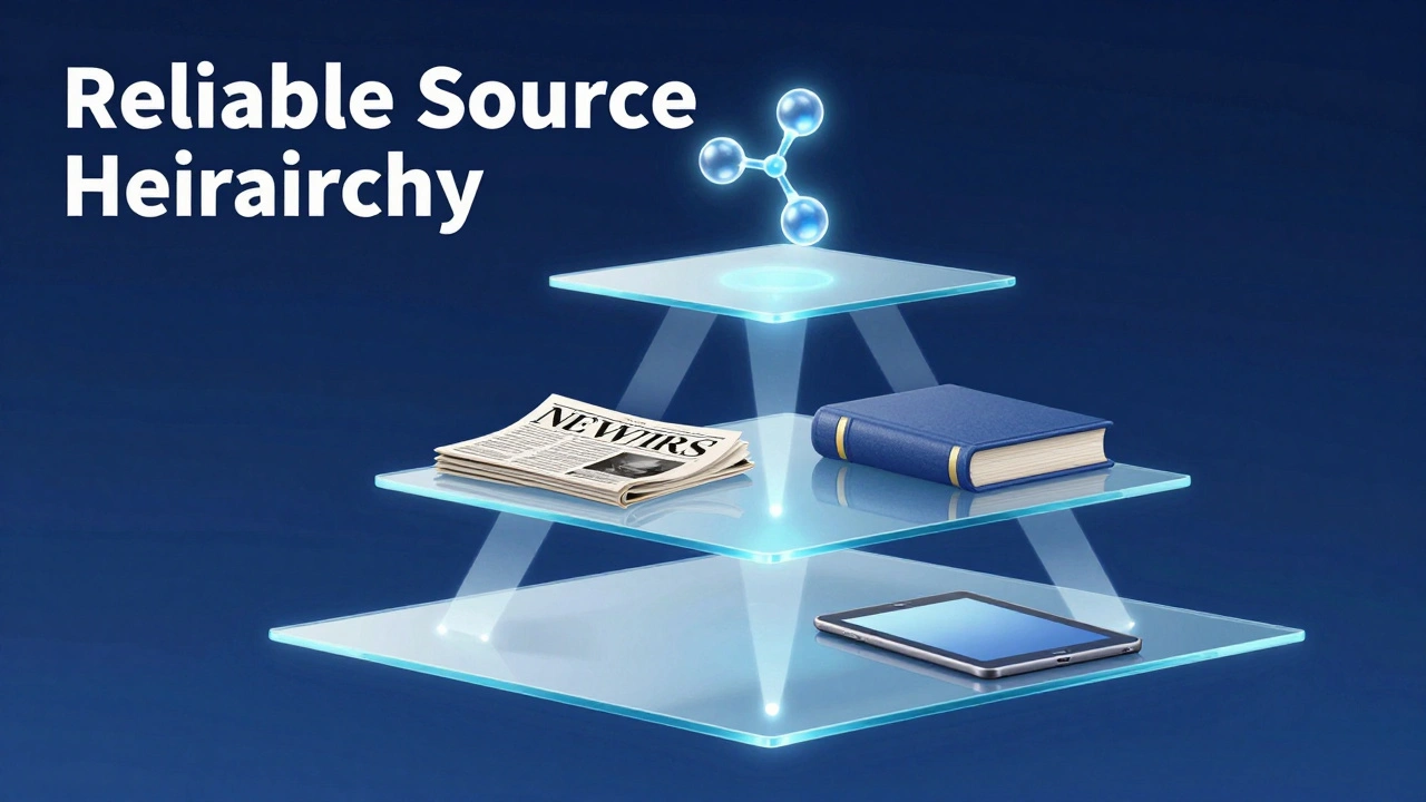 A pyramid of glass platforms showing a hierarchy of reliable information sources