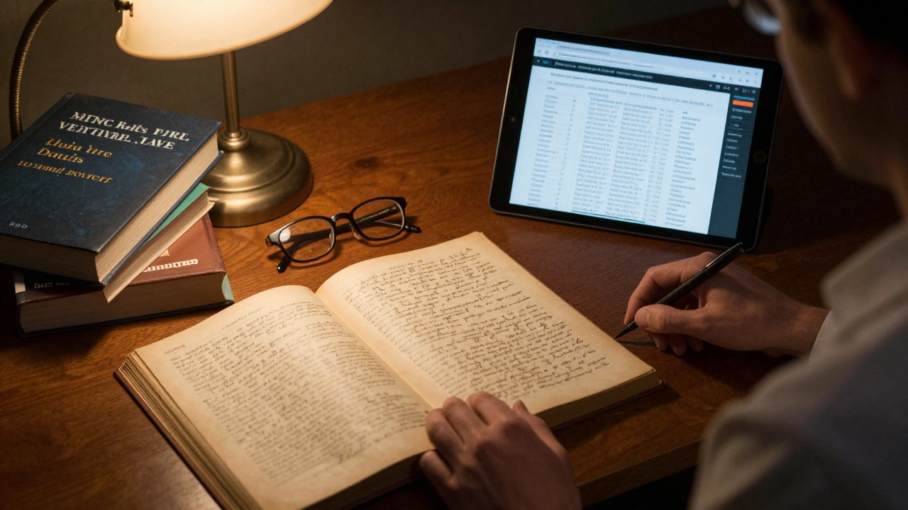 A researcher's desk with an old diary, journals, and a digital tablet
