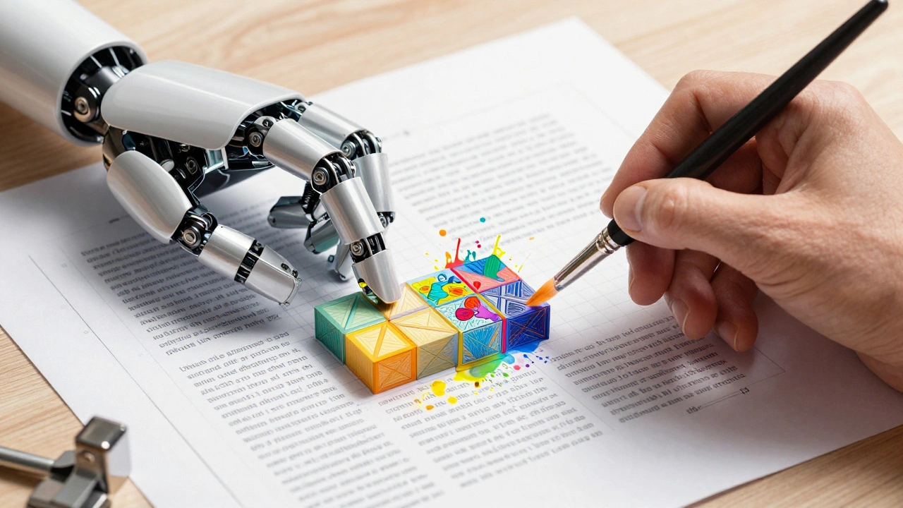 A robotic hand and a human hand collaborating to build a digital article.