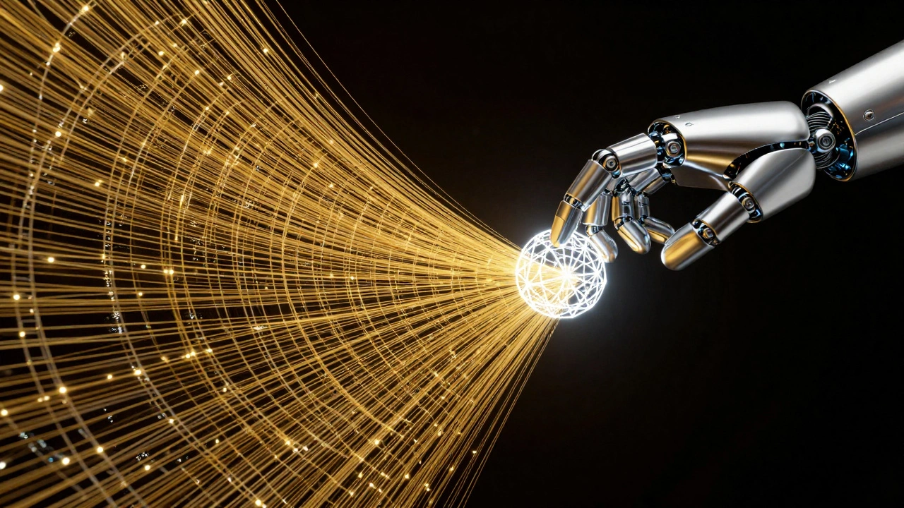A robotic hand unraveling a golden tapestry of knowledge to feed a glowing white orb.