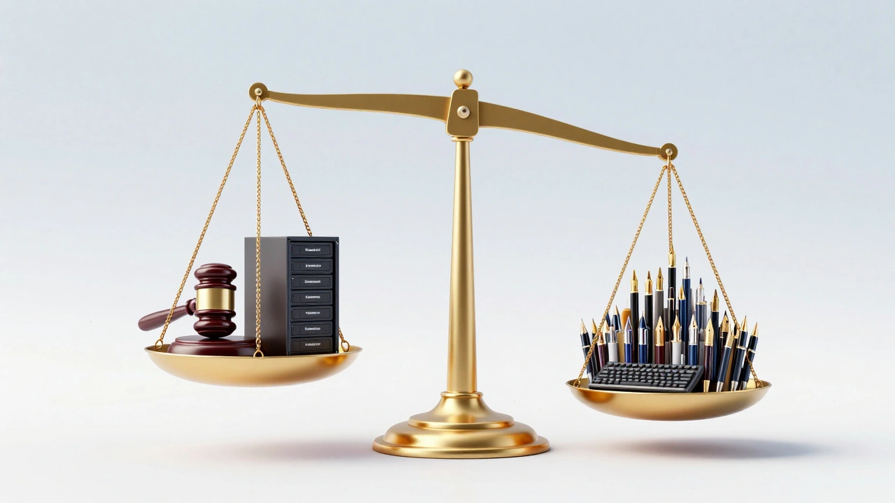 A scale balancing a legal gavel and server against a mountain of pens and keyboards.
