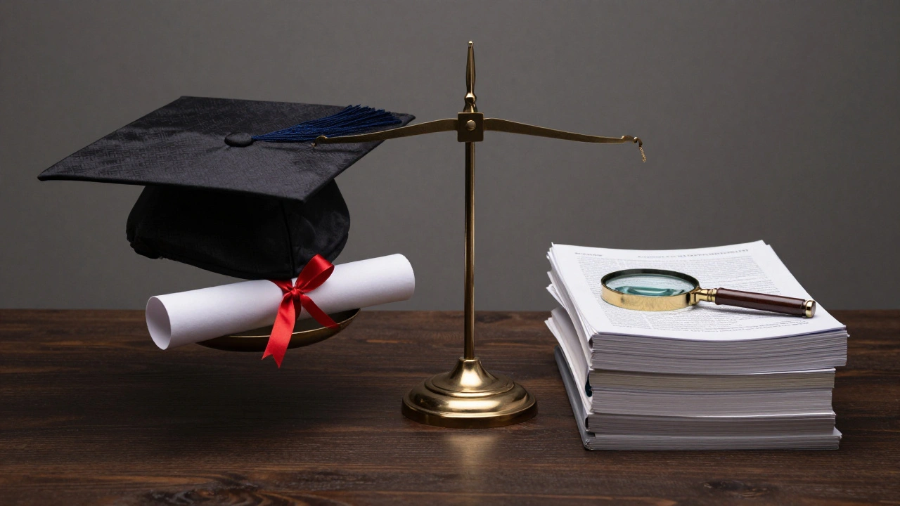 A scale balancing a PhD diploma against peer-reviewed academic journals.