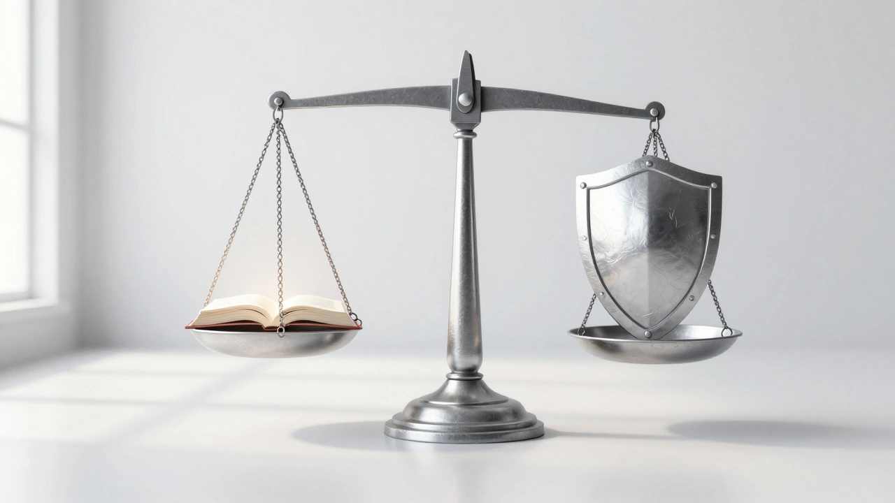 A scale balancing an open book and a silver shield in a bright space