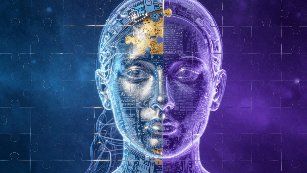 A shimmering puzzle of a face with missing pieces representing gaps in historical records.