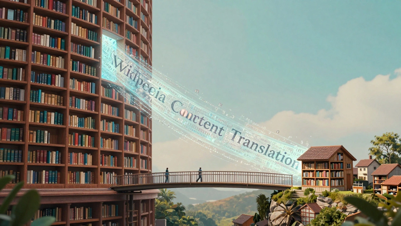 A shimmering stream of text flowing from a large library to a small one to represent translation.