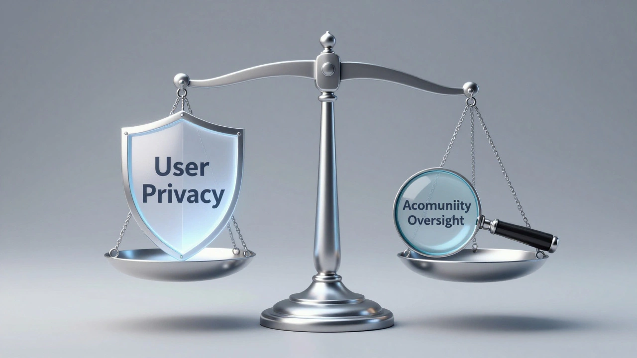 A silver scale balancing a glowing privacy shield against a magnifying glass of oversight.