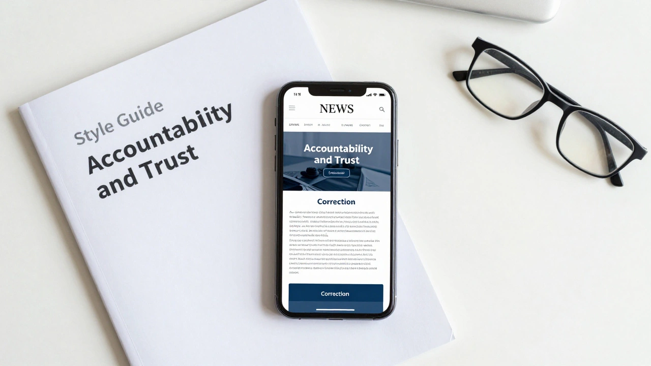 A smartphone showing a published correction notice next to a journalism style guide