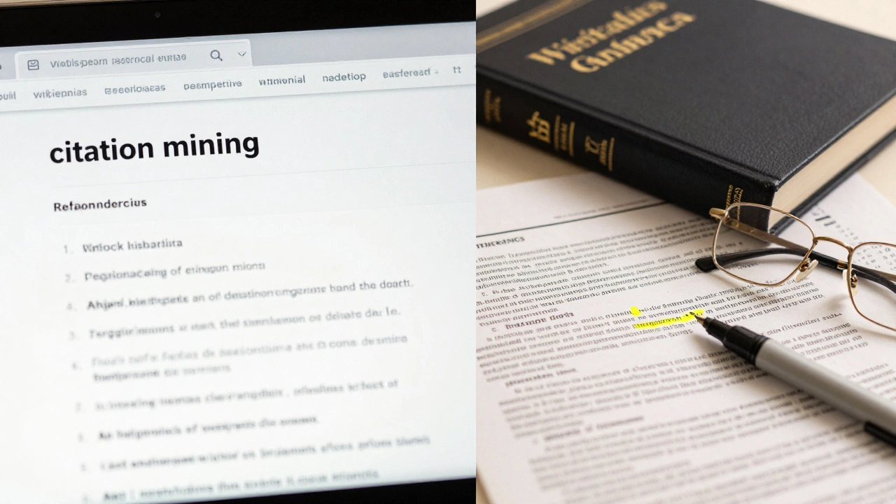 A split image showing a digital reference list and a physical academic journal with a highlighter