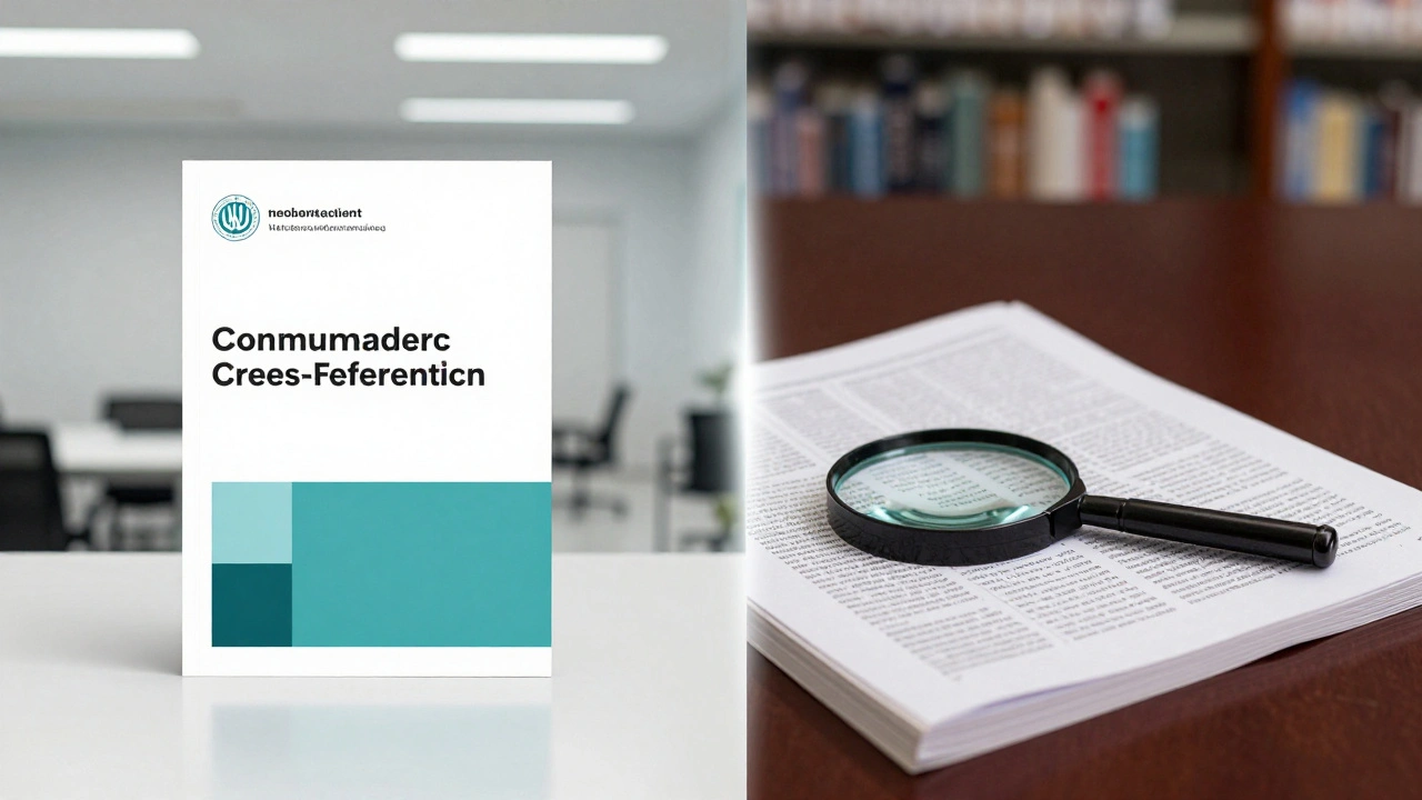 A split-screen comparison between a government promotional brochure and a peer-reviewed academic journal.