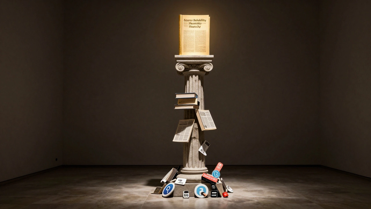 A stone pillar symbolizing the hierarchy of source reliability from blogs to journals