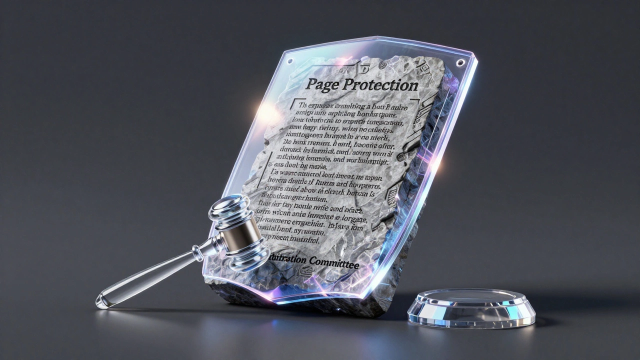 A stone tablet of rules protected by a holographic shield with a crystalline gavel nearby.