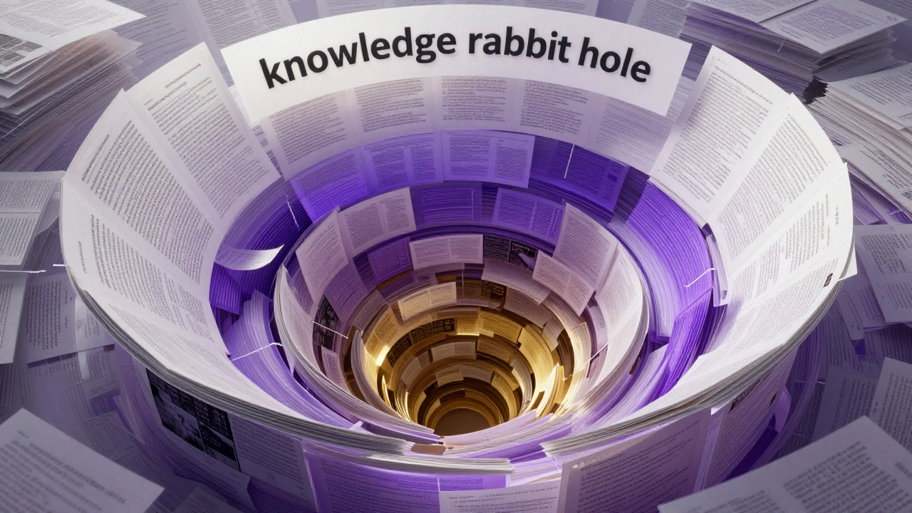 A surreal spiral vortex of digital pages and citations representing a deep dive into knowledge.