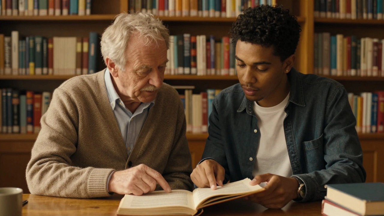 A veteran editor and a young activist collaborating over archival documents in a library