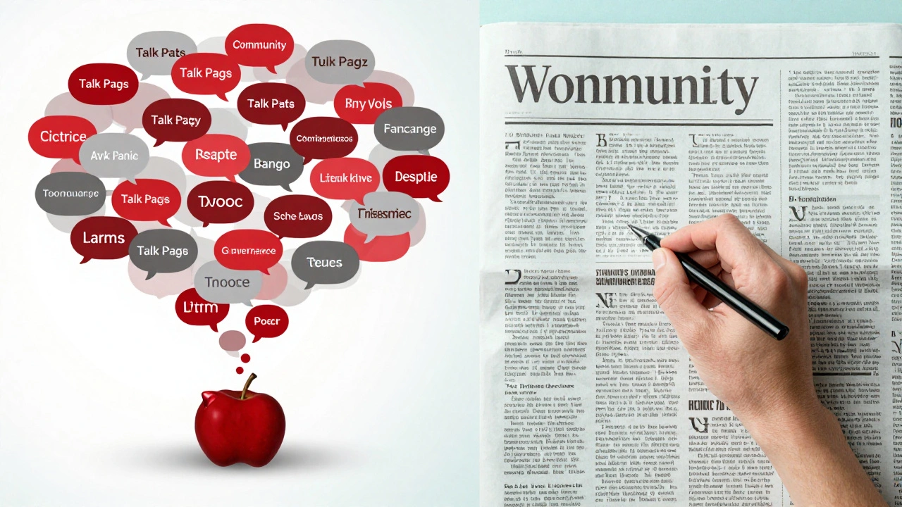 A visual representation of chaotic text bubbles being transformed into a structured newspaper layout.