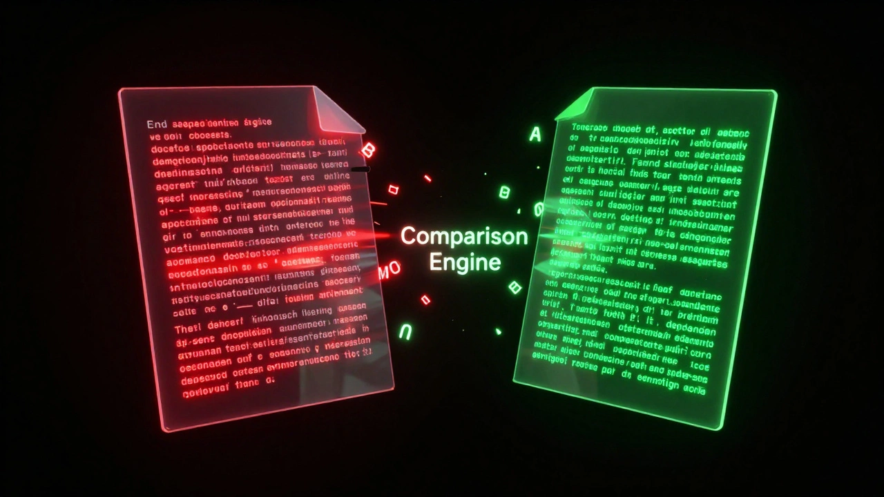 Abstract 3D visualization of red and green highlighted text layers being compared digitally.