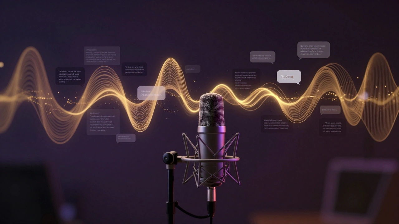 Abstract art showing sound waves from a microphone transforming into digital text bubbles