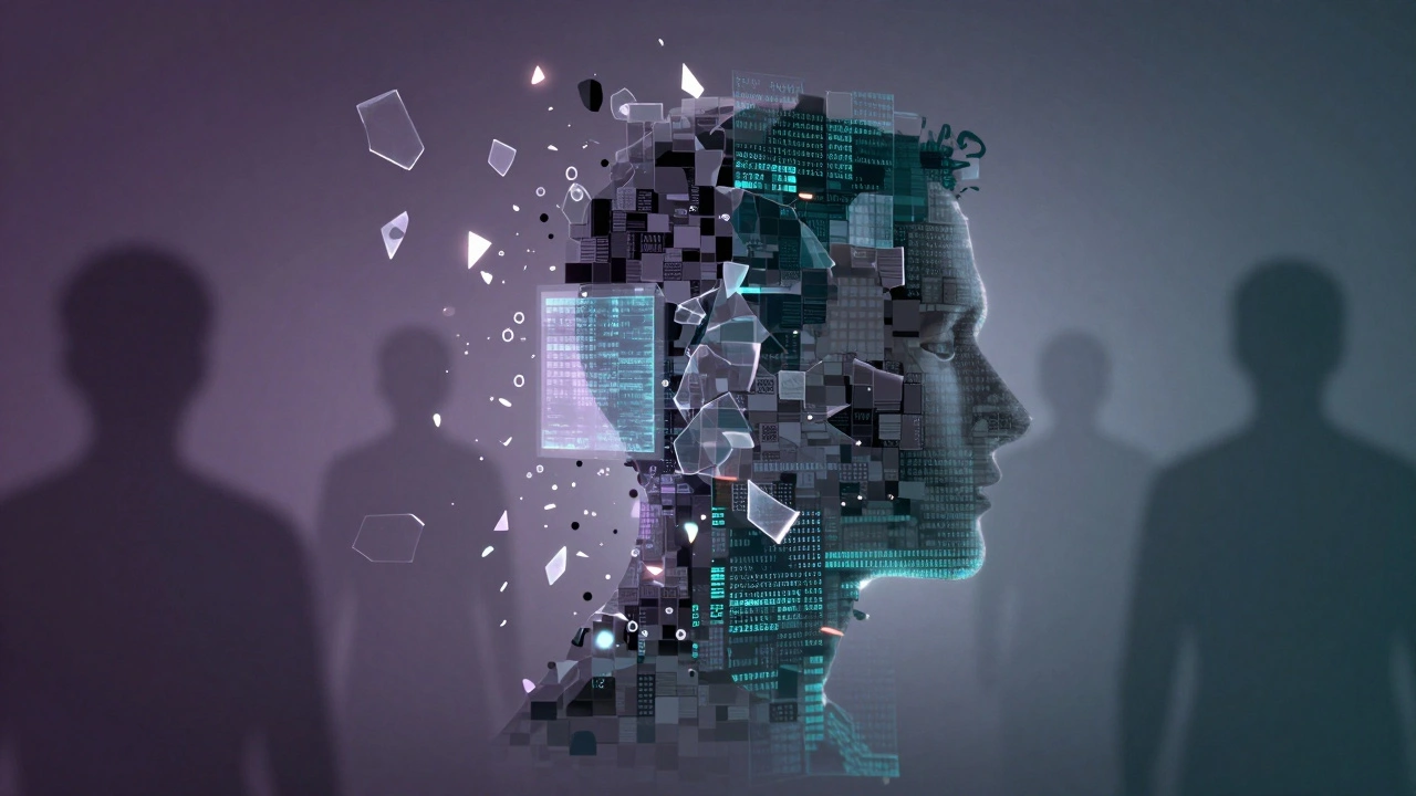 Abstract digital shards and blurred silhouettes representing the concept of data anonymity and the mosaic effect.