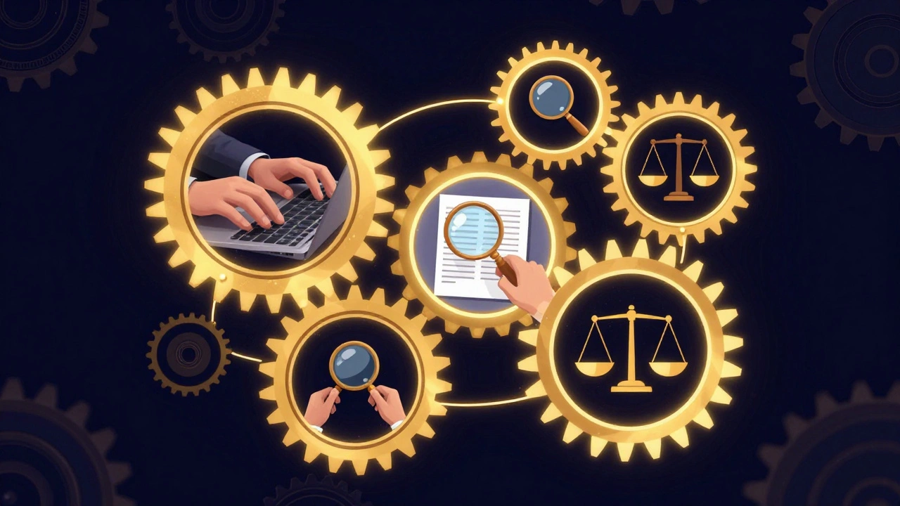 Abstract glowing gears and nodes symbolizing the collaborative editing and verification process of a wiki.