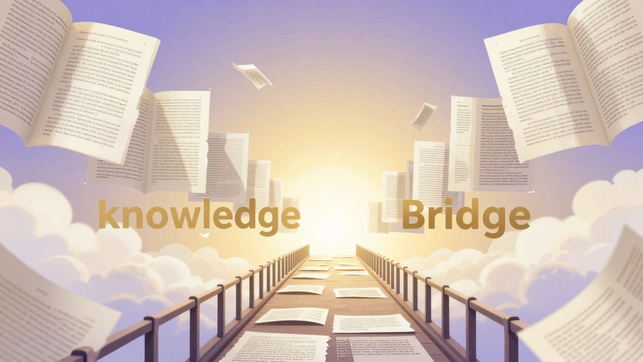 Abstract illustration of a bridge made of documents leading toward a bright horizon.