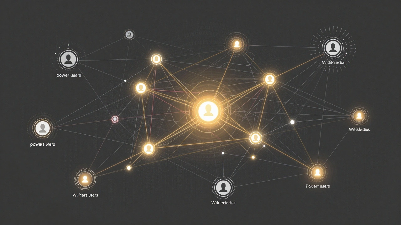Abstract network graph with glowing nodes and connections highlighting central power users.