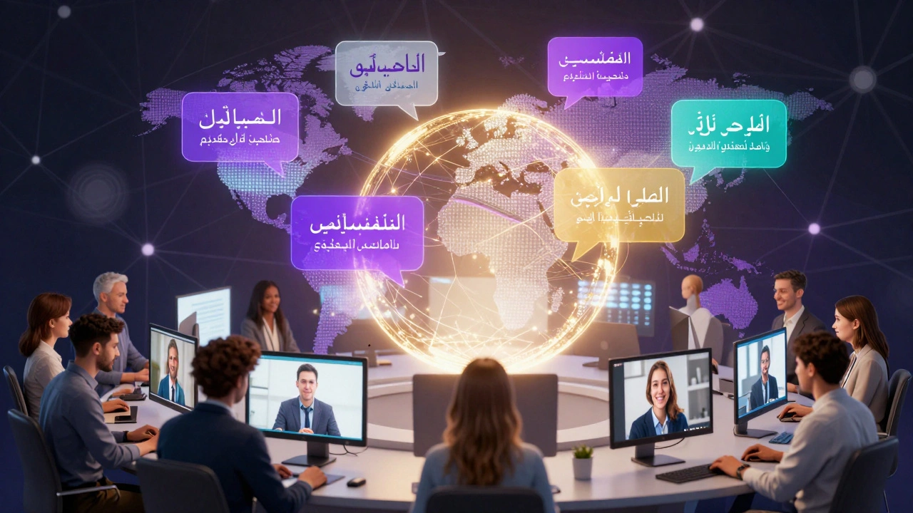 Abstract representation of global collaboration with diverse languages merging into a sphere of light.