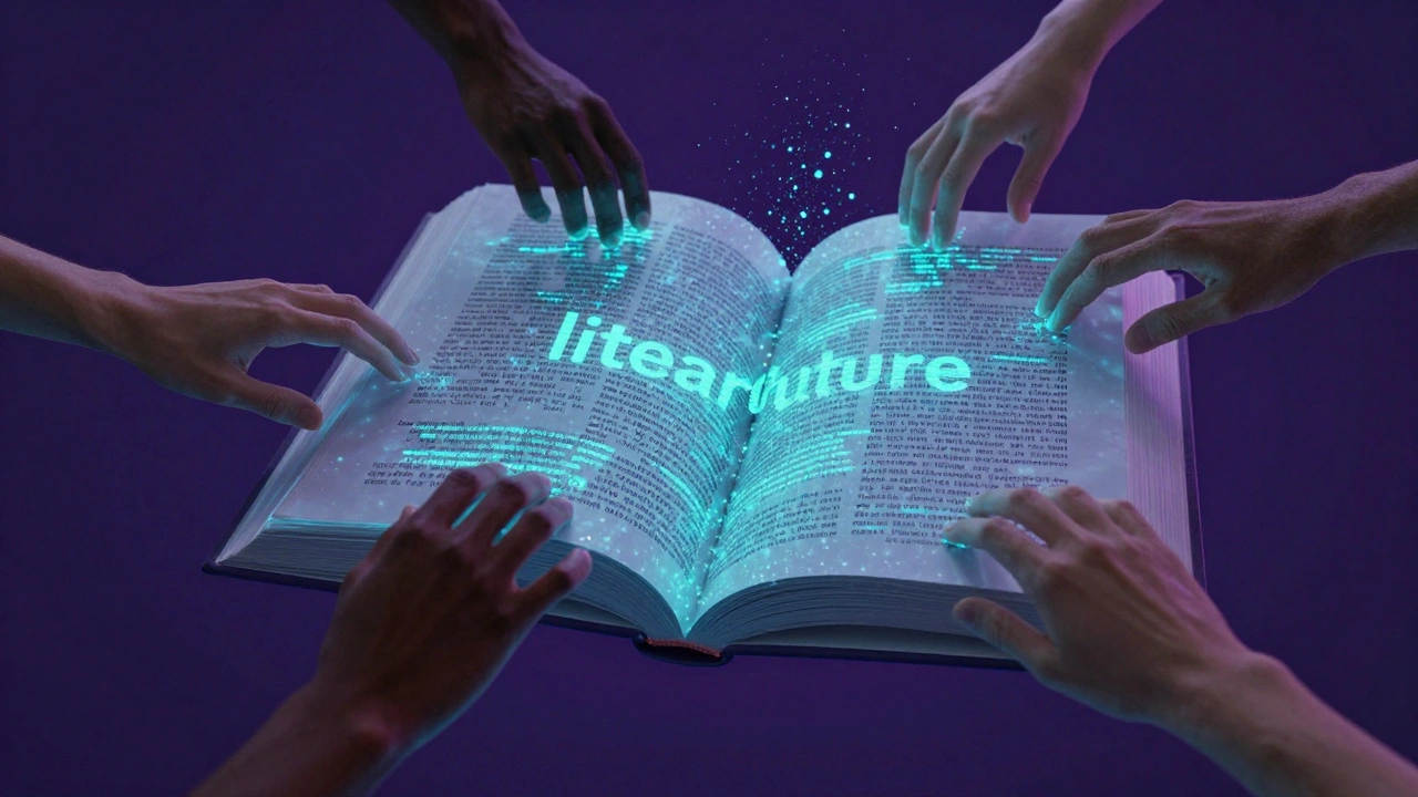 Abstract representation of multiple hands collaboratively editing glowing digital text in a void