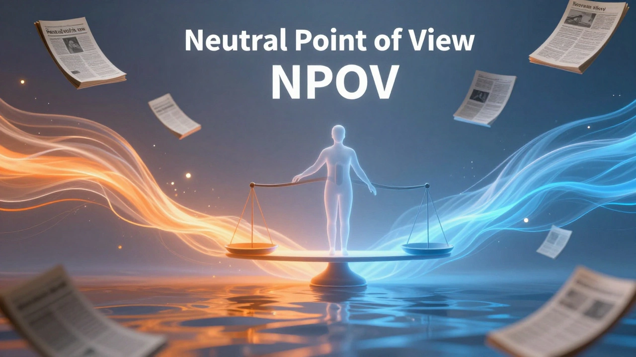 Abstract representation of neutrality with orange and blue light streams balanced by a mediator.
