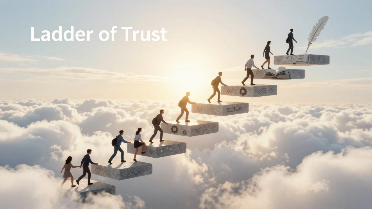 Abstract stone steps ascending into a bright sky, symbolizing the path of trust and community growth.