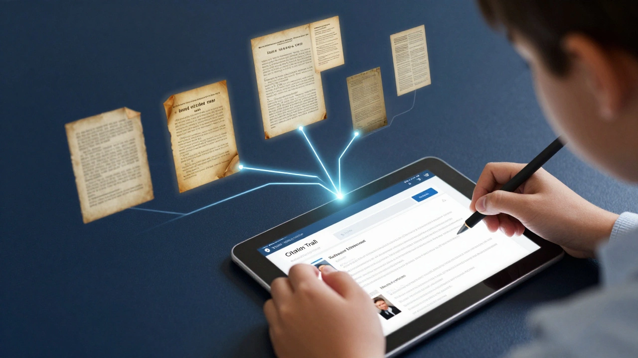 Abstract visualization of a digital citation trail connecting a website to various research sources.